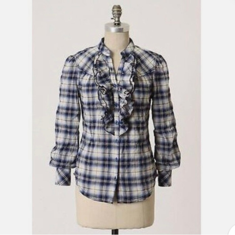 Anthropologie Fei Crossroads Plaid Ruffle Buttondown Size 4